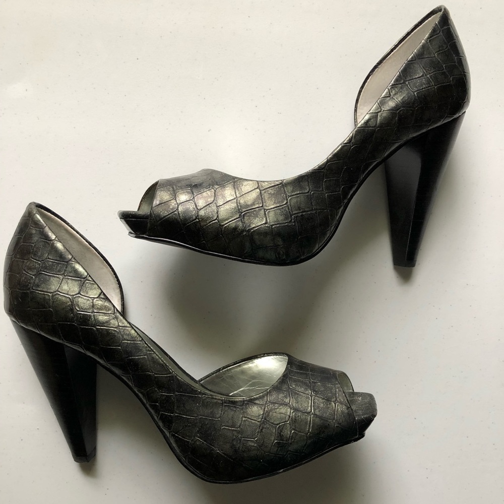 Pewter crocodile peep toe heels